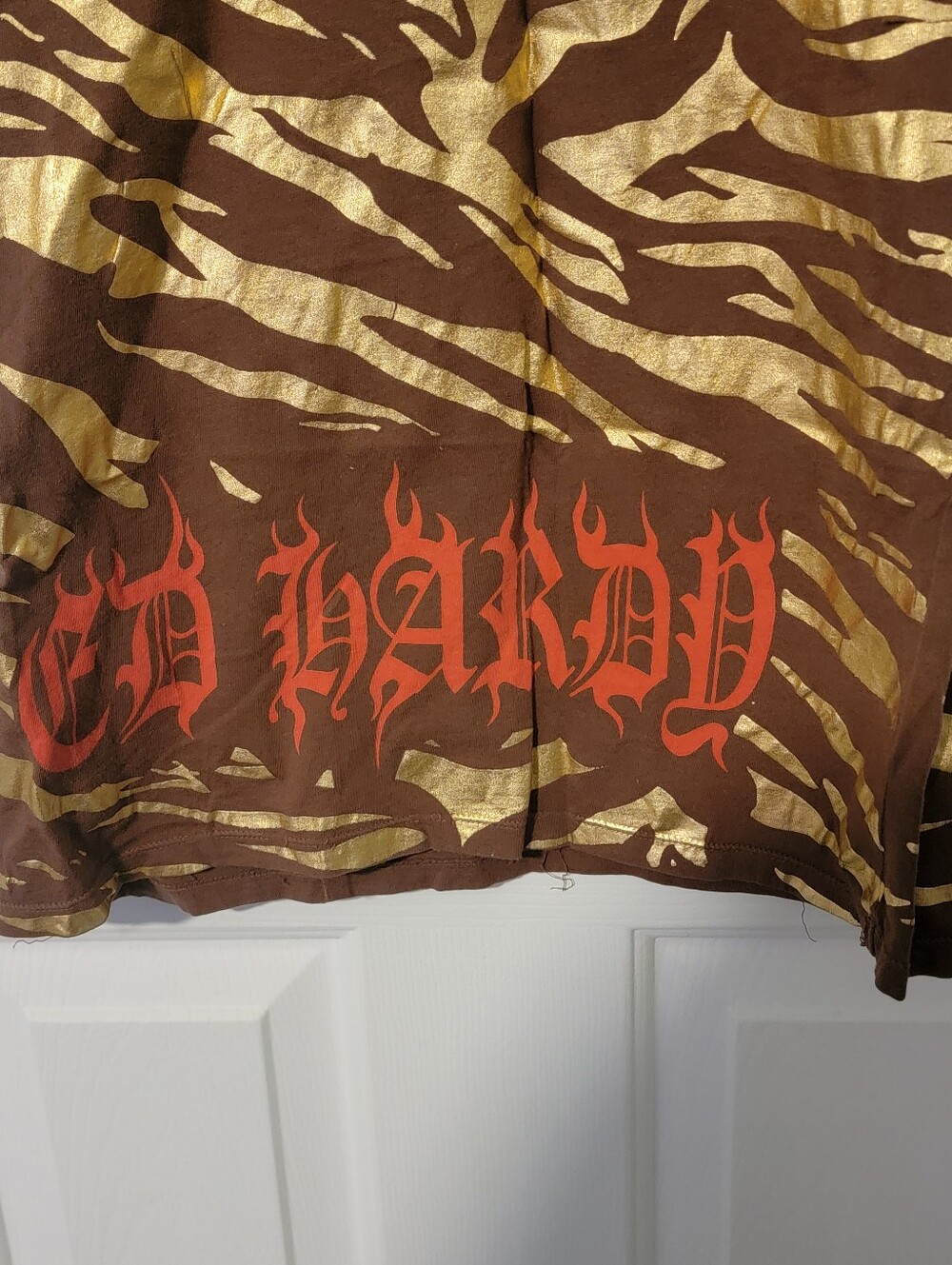 Vintage 90's Ed Hardy Rhinestone Skull/Gold/Brown Zebra Print/Mini Dress, Medium - Picture 7 of 12